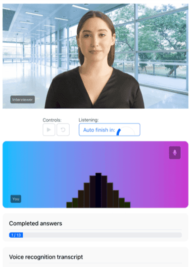 A live mock interview with the AI interviewer and a voice transcript