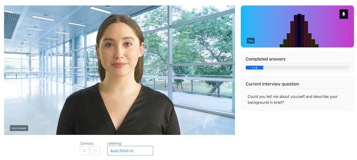 A live coaching session: the AI interviewer on camera beside the current question and answer progress